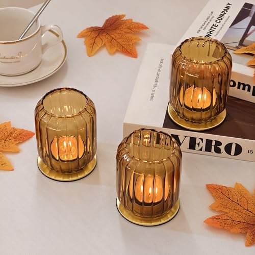 Vixdonos Glass Hurricane Tealight Candle Holder with Metal Candle Stand,Set of 3 Modern Windproof Votive Candle Holders for Wedding Party Table Centerpiece Outdoor,Amber - color: Amber