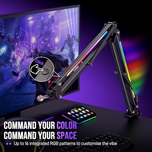 FIFINE Microphone Boom Arm, Metal Adjustable Mic Arm Stand with RGB Control, 3/8” to 5/8” Screw Adapter, Desk Mount Clamp, Suspension Scissor Mic Stand for Gaming Streaming Podcast-AmpliGame BM38 - color: Black, size: BM38（with RGB Effects)