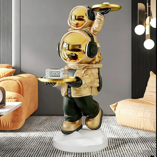 Large Astronaut Statue, Astronaut Sculpture, Astronaut Decoration, Cool Metal mask Decor, Floor Sculpture, Suitable for Living Room, Bedroom, Stores, etc., Tray can be Used for Storage - color: Matte Gold