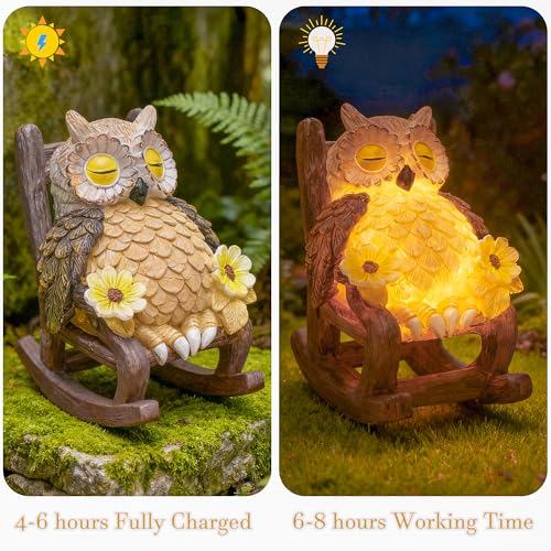 LIULO TOOL Garden Gift for Mom Grandma, LED Solar Owl on Chair Patio Sculpture, Cute Outdoor Fairy Garden Housewarming Decor Figurine 6x4.5x3.3 in - color: Owl