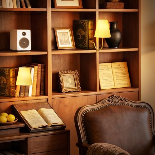 AELS Vintage Bookshelf Lamp with Bulb, Cordless Touch Dimmable Table Lamp with Linen Fabric Shade, Battery Operated, Modern Farmhouse, Book Sconce for Office Home Bedroom, Tree of Life Black & Gold - color: Tree of Life Black, size: Rechargeable Model