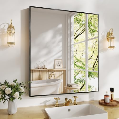 Koonmi Bathroom Mirror for Wall, 28"x32" Black Bathroom Mirror for Over Sink, Shatterproof Tempered Glass Vanity Mirror with Anti-Rust Aluminum Alloy Frame, Hang Horizontally or Vertically - color: Square Edged, size: 32"L x 28"W
