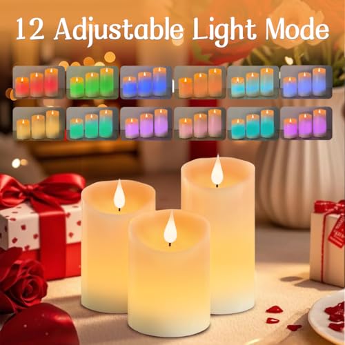 Flameless Candle RGB Set, Flickering LED Pillar Real Wax Candle with Remote Control and Timer, Upgraded Blue Flame Heart, Built-in Battery Rechargeable Flameless Candle, 1 Set of 3 - color: Rechargeable-Color RGB