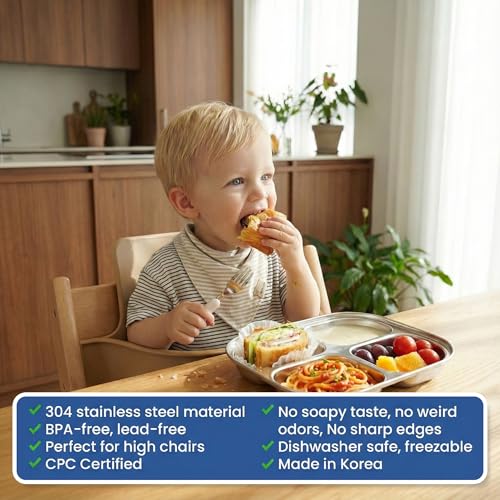 Korean Stainless Steel Divided Plates for Toddlers, Kids, Babies, Premium 304, Electro-Polished, No Black Residue, BPA-Free, 4-Compartment Food Tray, Camping, Balanced Meals, Set of 2 - size: 4 Compartments