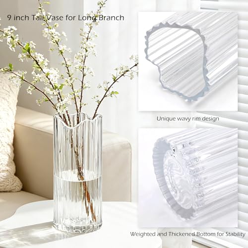 9 inch Tall Ribbed Clear Glass Vase,Flower Vase for Bouquet,Modern Glass Cylinder Vases for Flowers,Decorative Flower Vases for Centerpieces,Living Room,Bathroom,Dining Table,Wedding,Housewarming Gift