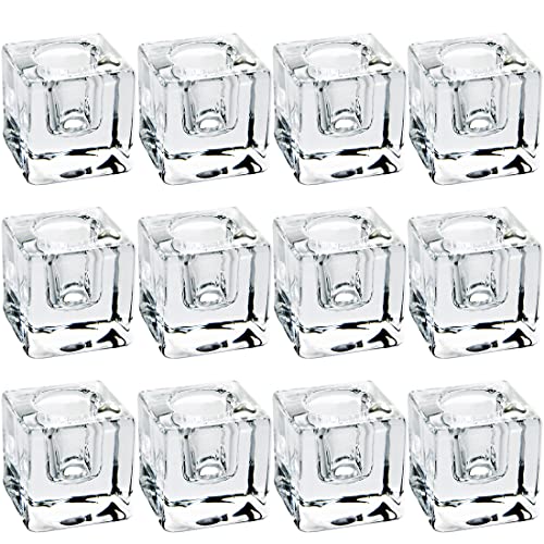 12PCS Square Glass Taper Candle Holders for Table Centerpiece. Decorative Crystal Candle Stick Holder Sets. Candle Stand for Wedding, Dinning, Party. - color: Transparent 12pcs