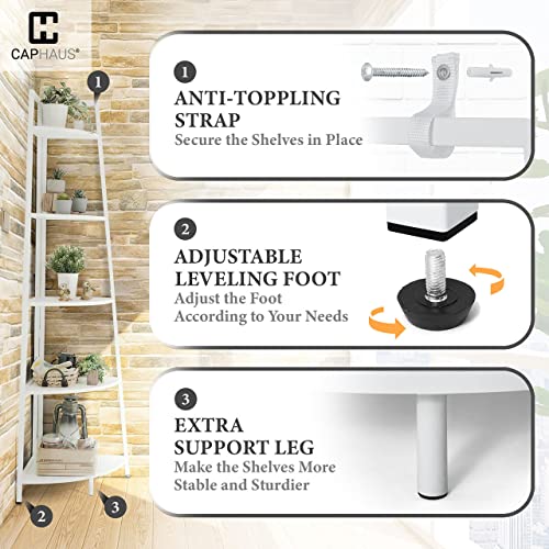 CAPHAUS Tall Corner Shelf Stand, 5-Tier Display Shelves, Ladder Corner Wood Storage Plant Bookshelf with Metal Frame, Versatile Shelving Unit Bookcase for Home Office Space, White - color: White, size: 5-Tier