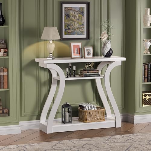 Wooden Console Table with Curved Legs and Shelf, 3-Tier Modern Accent Narrow Sofa Table for Entrance Area, Living Room, Hallway, 47 in Wide Wood Console Table for Entryway (White) - color: White