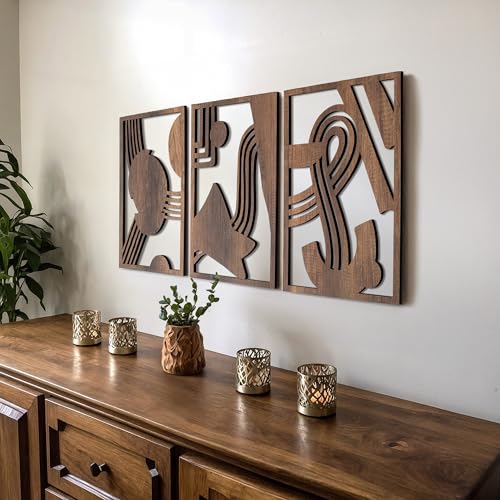 qmmp Modern Wooden Wall Sculptures - Set of 3 - Home Decor Accent - Large Wall Art for Living Room, Bedroom, Office - Easy Installation (Walnut, Medium - Abstract Shapes) - color: Walnut, size: Medium - Abstract Shapes