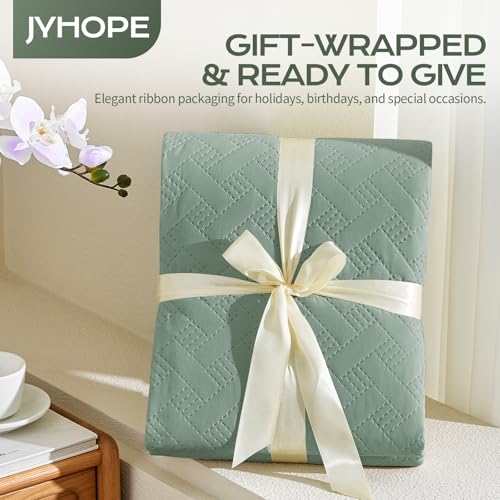 JYHOPE Sage Green Twin Quilt Set 68x90 Lightweight Microfabric Bedspread, 3-Piece Quilt Bedding with Pillow Shams, Summer Cooling Quilts, Ribbon Wrapped Gift - color: Weave Pattern-sage Green, size: Twin(68x90)