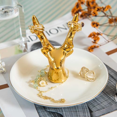 Gold Deer Ring Holder Dish, Ceramic Jewelry Tray Trinket Dish for Necklace Keychain Organizer, Cute Funny Birthday Wedding Mothers Day Gift for Women Friends Girls - style: Gold Deer