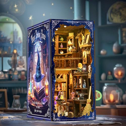 DIY Book Nook Kit for Adults, 3D Wooden Puzzle Bookshelf Insert Decor with LED Light & Stickers, Dust Cover,Miniature House Craft Gifts for Family,Friends and Book Lovers（Magic Potion House） - style: Magic Potion House