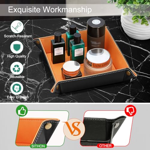 SITHON Valet Tray Desktop Storage Organizer – Premium PU Leather Catchall Bedside Vanity Tray Nightstand Caddy Holder for Remote Controller, Keys, Phone, Wallet, Coin, Jewelry (Orange) - color: Orange