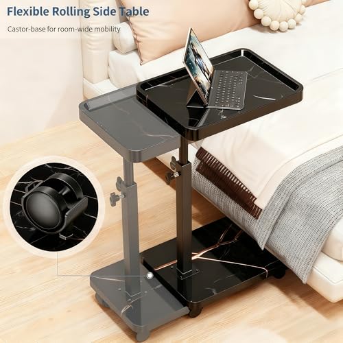 C Table End Table Adjustable Height, 360°Swivel TV Tray Table for Small Spaces, Side Tables with Wheels for Living Room and Bedroom, Bed (Black-15.7 x 11.8 inches) - color: Black-height Adjustable