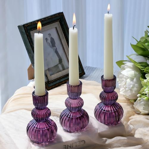 Woho Purple Candlestick Holders Set of 3 for Halloween Decorations, 4.3" H Ribbed Glass Taper Candle Holders Bulk for Wedding Table, Vintage Candle Sticks Holder Decor for Birthday Party/Home Decor - color: Purple