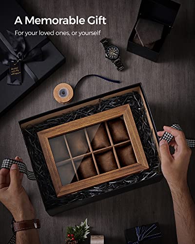 SONGMICS 8-Slot Watch Box, 2-Tier Watch Display Case with Large Glass Lid, Removable Watch Pillows, Velvet Lining, Jewelry Box, Gift Idea, Rustic Walnut UJOW008K01 - color: Rustic Walnut, size: 2 Layer 8 Slot