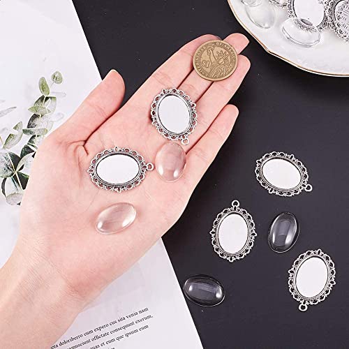 PH PandaHall 60pcs Bezel Pendant Blanks Settings - 30pcs Oval Pendant Trays Photo Charms with 30pcs Glass Cabochons for Wedding Brides Bridal Bouquet Charm Necklace Jewelry Making, 25x18mm (Pack of 2) - size: Tray: 25x18mm (Pack of 2)