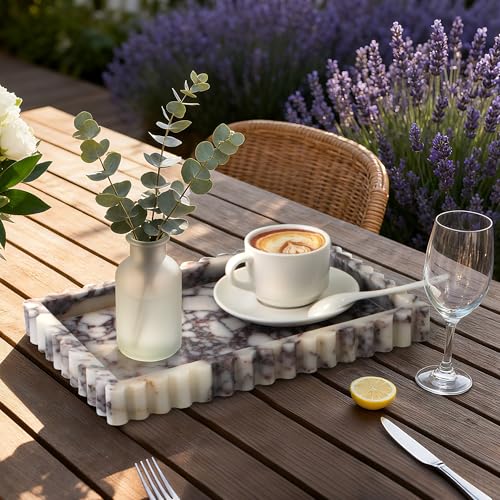 YMXYJM Natural Marble Tray for Bathroom, Real Stone Decorative Vanity Tray with Fluted Edge, Large Marble Serving Storage Tray for Kitchen Counter, Dresser, Home Decor, 11.8" x 8", Calacatta Viola - color: Calacatta Viola Purple