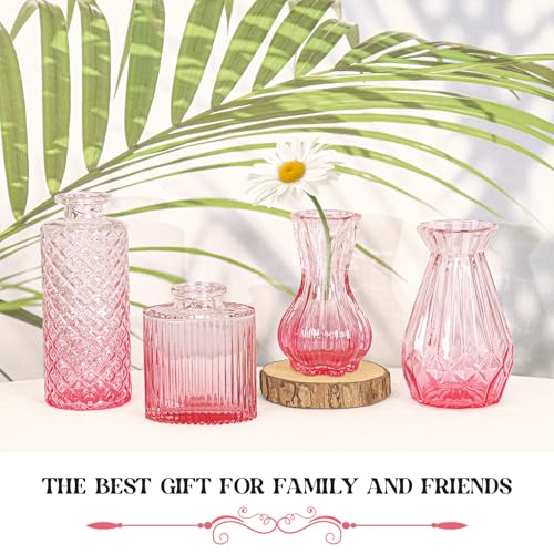 Set of 4 Glass Bud Vase Set, Small Vintage Clear Flower Vase Centerpieces for Table Bulk Cute Rustic Style Mini Vase for Home Decor Wedding Baby Shower Birthday Party(Ombre Pink) - color: Ombre Pink