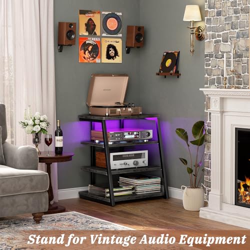 Armocity 4-Tier AV Media Stand with Power Strips, Stereo Stand with LED Lights, Rack Audio Tower with Adjustable Shelves, Small Entertainment Center, 30'', Grey Oak - color: Grey Oak, size: 30" (H)