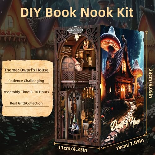 Book Nook Kit, Book Nook Kits for Adults DIY Booknook Model Build, DIY 3D Wooden Puzzle Bookend Booknook Bookshelf Insert Miniature Dollhouse Kit for Home Decoration - style: Dwarfs's House