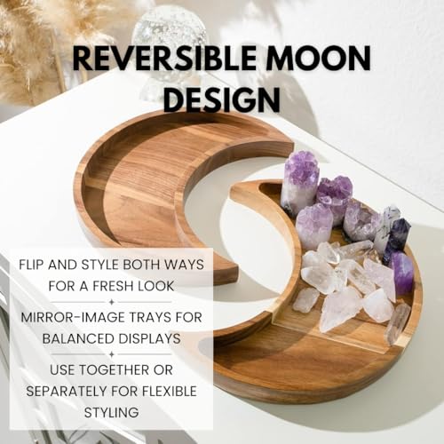 Acacia Wood Moon Crystal Display Tray - Natural Wooden Altar Tray 10.5" x 5" for Crystals and Stones Storage - Solid Wood Jewelry Organizer Dish - Boho Bedroom Decor - color: Acacia