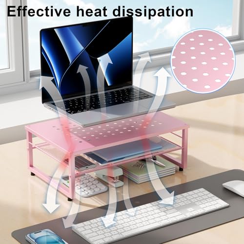 Gianotter 2-Tier Metal Monitor Stand Riser, Workspace Organizer with Desk Accessories, Office Storage for Supplies (Pink) - color: Pink