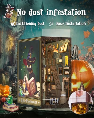 Cutefun Book Nook Kit, DIY Miniature Dollhouse Booknook for Adults, 3D Wooden Puzzle Bookend Bookshelf Insert Decor with LED Light, Gift for Craft Lovers (Magic Pharmacist) - style: Magic Pharmacist