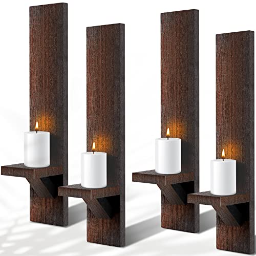 Potchen 4 Set Wooden Wall Candle Holder Sconces Mount Decorative Holders Decor Rustic Hanging Shelf Living Room Decoration for Farmhouse Bathroom Bedroom Vase Living Room(Brown) - color: Brown