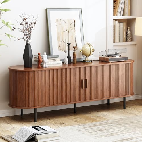 63" Fluted TV Stand with Power Outlet, Modern Media Console with Sliding Doors, Entertainment Center for TVs up to 60 Inch, Adjustable Shelves, Walnut - color: Walnut, size: 63 Inch
