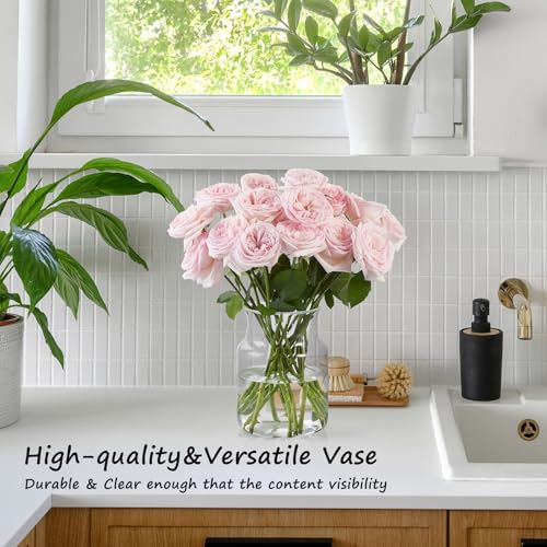 Clear Glass Vase, Large Flower Vase, 8-inch Glass Flower Vase for Plants, Wide Mouth Vase for Home, Wedding, Living Room, Dining Table - size: 6"W x 8“H