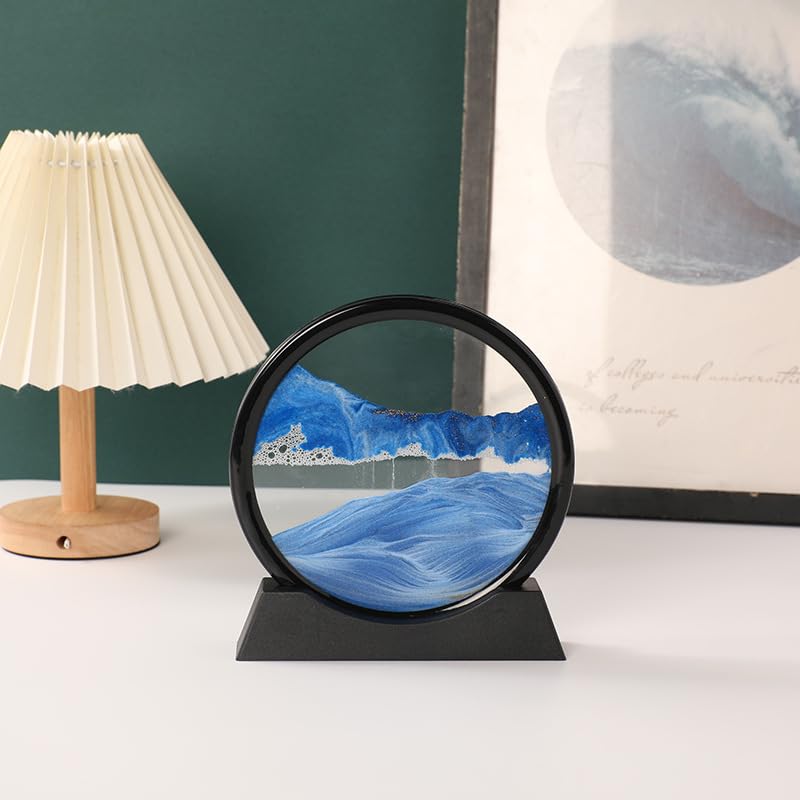 Moving Sand Art Liquid Motion, 3D Deep Sea Sandscape Color Quicksand Decor, Round Glass Moving Sand Art Picture Relaxing Desktop Home Office Work Decor (7 inch-Blue) - color: Blue, size: 7 inch