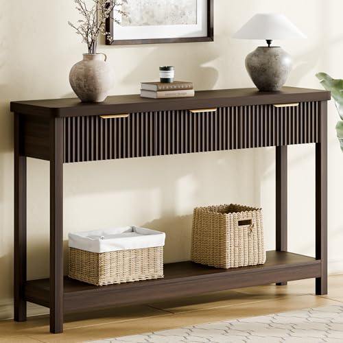 Lulive 51" Fluted Console Table for Entryway, Entryway Table with 3 Wooden Drawers, Farmhouse Behind Sofa Table for Living Room, Hallway, Couch, Foyer - color: Walnut