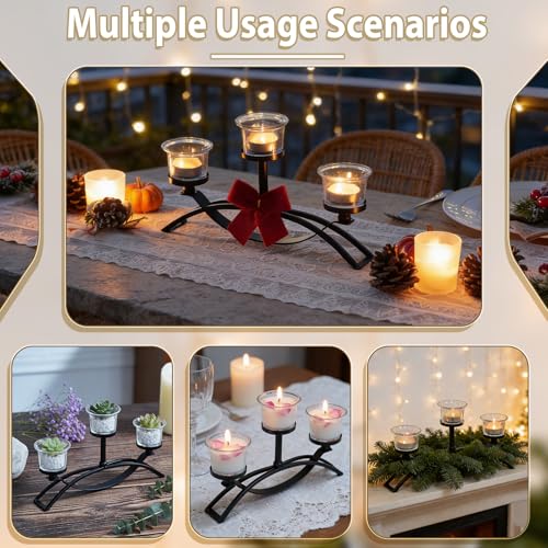 3-Arm Metal Tea Light Candle Holder Set with 5 Glass Cups, Votive Candle Holders Centerpiece Candelabra for Wedding Table Decor, Home Gatherings and Holidays (Black, 3 Cups-2 Pcs) - color: Black, size: 3 Cups-2 Pcs