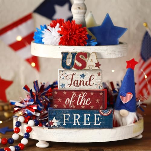 CroBlissful 4 Pcs 4th of July Decorations Patriotic Memorial Day Tabletop Decorations Red White Blue Table Centerpieces Sign for Office Tiered Tray Home Shelf 250th Anniversary(Independence Day Usa) - style: Independence Day Usa