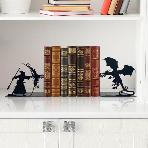 Lord Decorative Bookends - Epic Fantasy Dragon & Wizard, The Rings Book Ends for Home Library & Office Decor, Fantasy Inspired by Lord Dragon Bookends, Unique Lord Gift for Fans (Matte Black, Large)