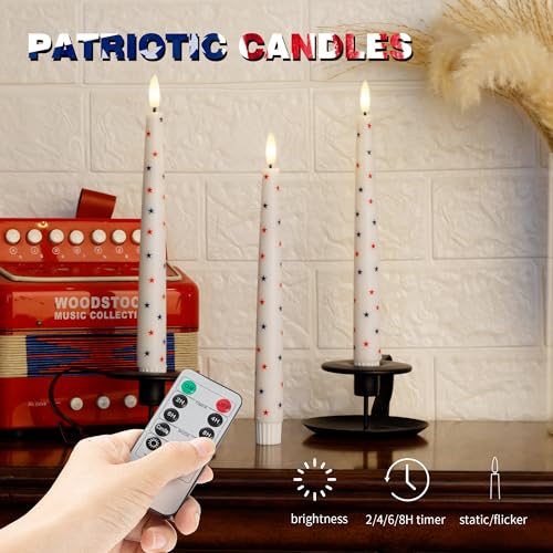 4th of July Candles, Flameless Taper Candles with Remote, 9.6" Red White and Blue Star Candles, Real Wax Flickering Independence Flameless Candles, Patriotic Candles, Battery Candles, Set of 3 - color: Patriotic White