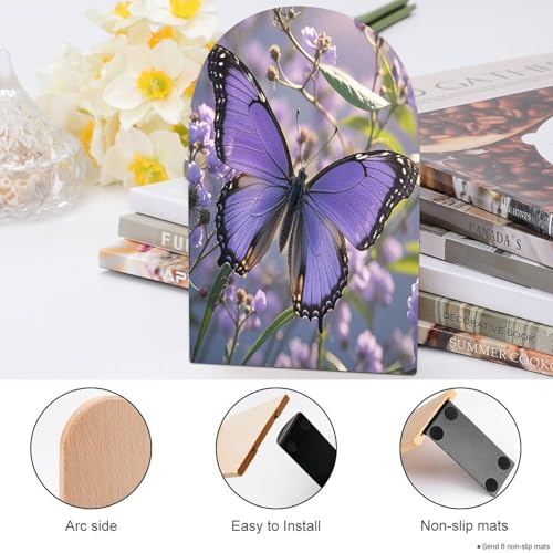 Beautiful Purple Butterfly Art Bookend for Shelves,Muso Wood Book End,Non-Skid Book Holder Support for CD, Video File, Video Games,Decorative Books Stopper for Home, 6.7 X 3.9 X 4.7”