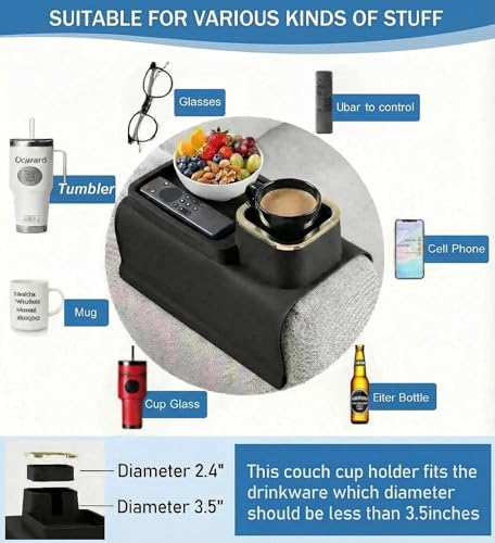Luxury Gold Trim Couch Cup Holder Tray - Weighted Silicone Anti-Spill Sofa Armrest Organizer, Non-Slip Recliner Tray Table for Drinks, Remote, Phone - Fits Most Couch Arms, Home Gift,Black - color: Black