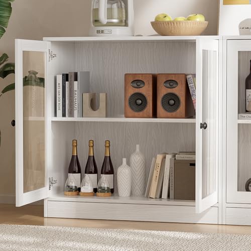 TUSY 71" TV Stand Storage Set - 2 Tall Bookcases & 2 Side Cabinets, Media Console with Glass & Wood Doors, Entertainment Center with Drawers, Tall Media Console for Living Room (White, ADDA) - color: White