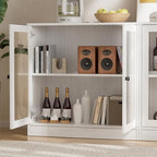 TUSY 71" TV Stand Storage Set - 2 Tall Bookcases & 2 Side Cabinets, Media Console with Glass & Wood Doors, Entertainment Center with Drawers, Tall Media Console for Living Room (White, ADDA) - color: White