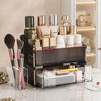 INVSSENE Stackable Makeup Organizer Countertop, Storage Perfume Skincare Cosmetic Lipstick Face Mask Makeup Brush Palettes, Ideal for Vanity Bathroom Counter - color: 3514 Coffee+Clear