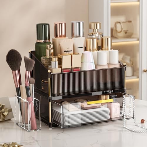 INVSSENE Stackable Makeup Organizer Countertop, Storage Perfume Skincare Cosmetic Lipstick Face Mask Makeup Brush Palettes, Ideal for Vanity Bathroom Counter - color: 3514 Coffee+Clear