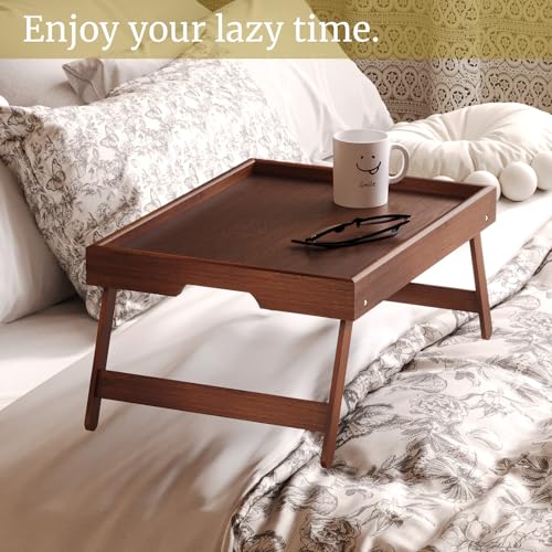 VERTORGAN 3 Pack Bamboo Bed Tray Table with Folding Legs,Breakfast Trays,Serving Tray,Laptop Tray for Working,Food Snack Tray for Bed and Sofa(Brown) - color: Brown