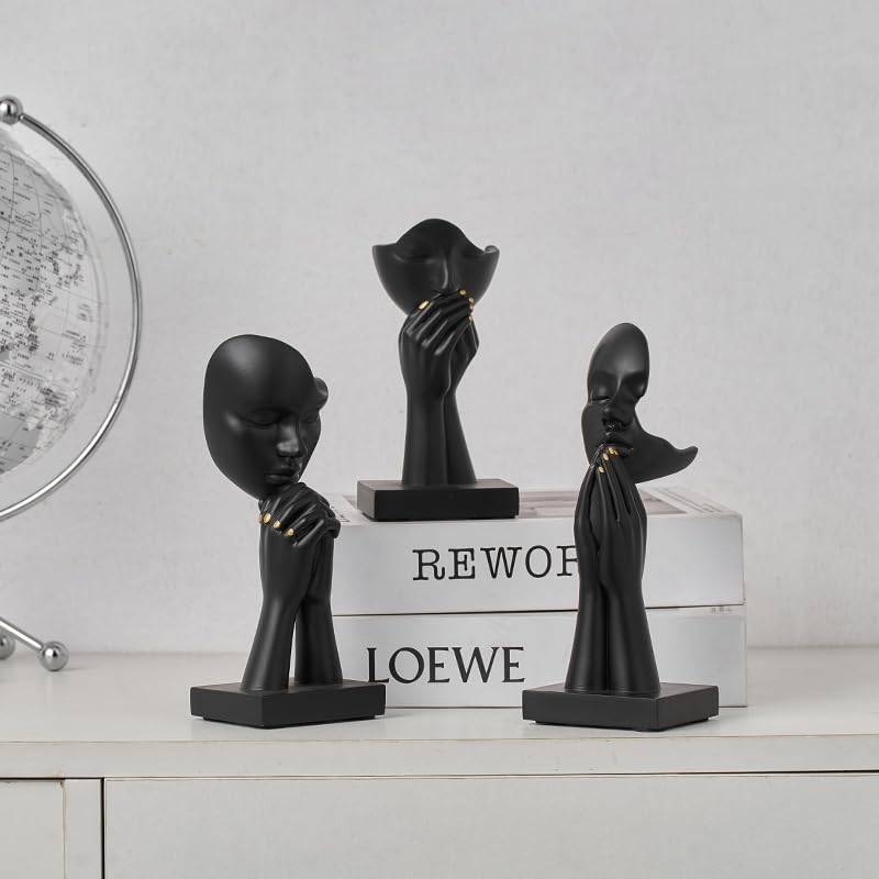 3-Piece Set of Thinker Statues, Gold and Silver Black Abstract Art Meditation Prayer Sculptures, Modern Home Decoration, Desktop Decoration, Home Or Office Decoration Art Gifts(Black) - color: Black