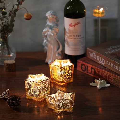 Letine 10pcs Gold Ribbed Candle Cups – Assorted Height Tea Light & Votive Candle Holders for Diwali, Wedding, Table Centerpiece, Fall & Holiday Decor – Lucky Star Jar (Tall 2.44", Short 1.57") - color: Gold, size: 10pcs
