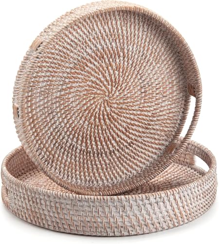 2 Pack Round Rattan Tray, Hand Woven Serving Tray with Handles, Wicker Serving Basket, Decorative Tray for Home Decor, Whitewash (11.8 + 14 inch) - color: Whitewash, size: 11.8" + 14"