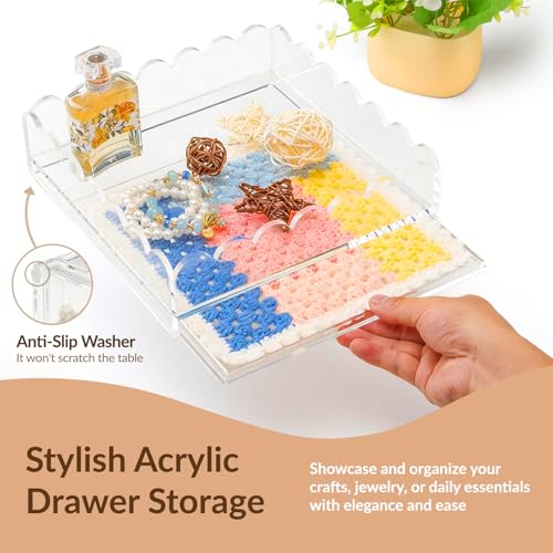 Acrylic Trays for Needlepoint 4" x 4", Scalloped Acrylic Tray with Drawer for Insert Needlepoint, Photos, Art, Fabric, Napkin, Messages Display Basket, Decorative Tray Gift for Home Office - size: 4''x4''x2''