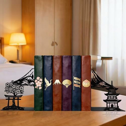 Matte Black Iron Decorative Bookends for Shelves, Fuji Mountain Sakura Design Book Ends Decorative, Book Ends for Heavy Books, Unique Bookends for Home Office Shelves, 7.9 x 1.2 x 5.9 Inches - color: Fuji Bookends