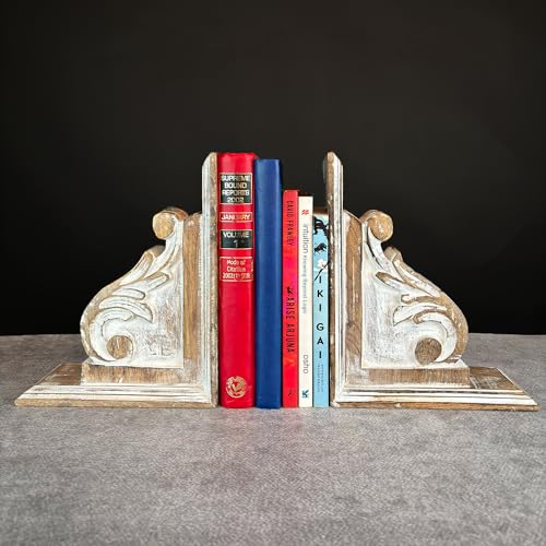Vintage One Pair of Distressed-Finish Wooden bookends with a Carved Pattern, Perfect for Shelves, Heavy bookends for Books, and Modern Accent for Living Room,Office (Rustic White) - color: Rustic White